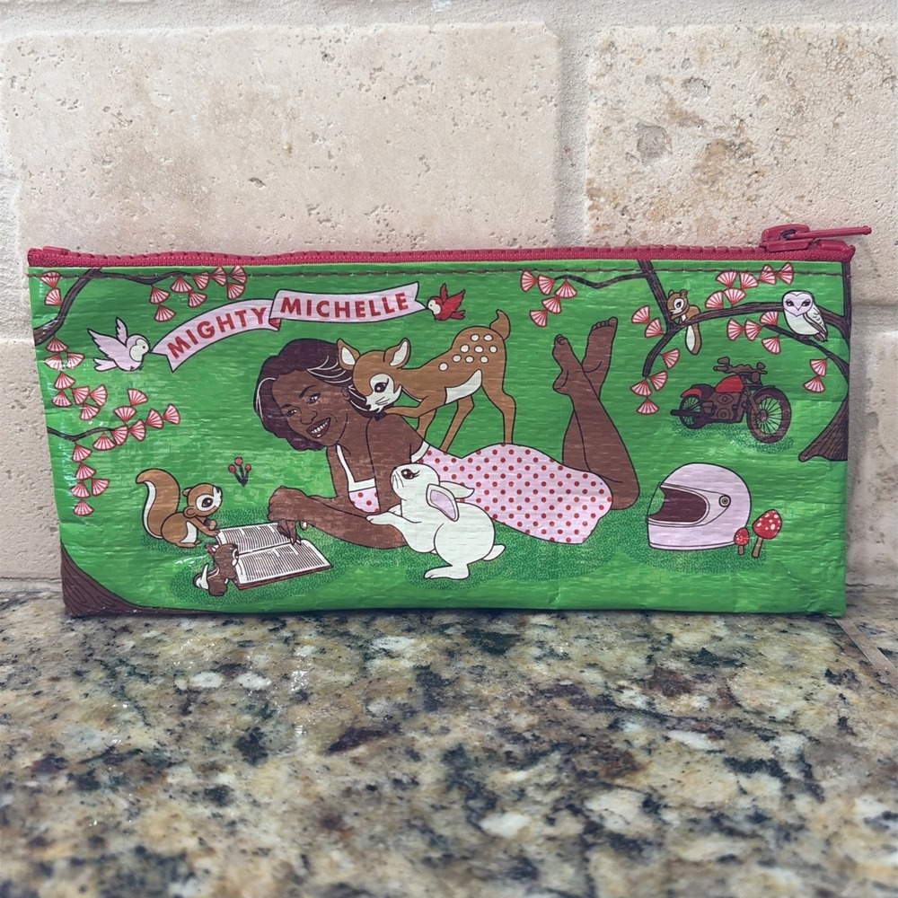 BlueQ Green MIGHTY MICHELLE Obama Nature Zippered Pencil Bag Pouch 8.5x4"